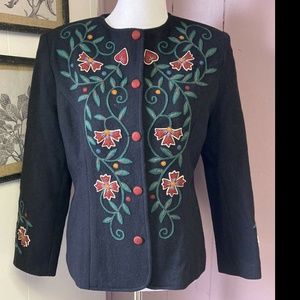 Heavily Embroidered Felt Blazer Boho Floral Vines